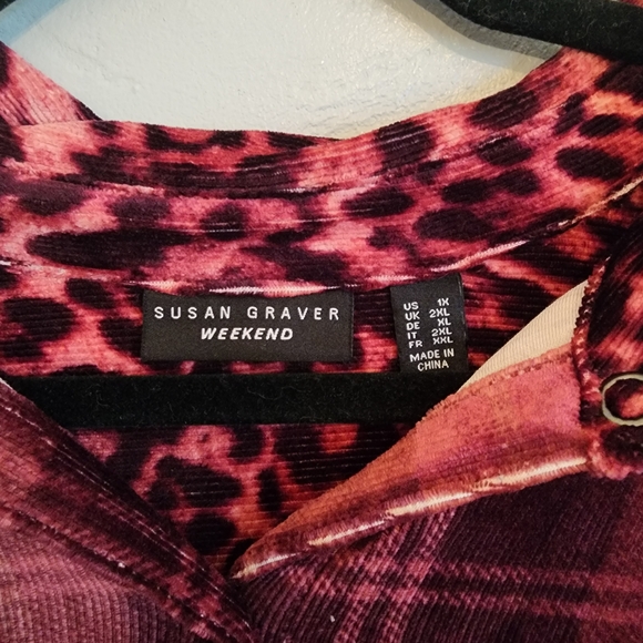 Susan Graver Pink and Burgundy Plaid Shirt with Leopard Details - Picture 3 of 4